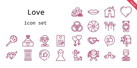 Fototapeta na wymiar love icon set. line icon style. love related icons such as birdhouse, wedding dress, couple, groom, like, candy, balloons, engagement ring, girl