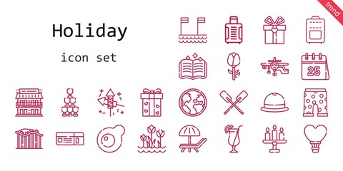 holiday icon set. line icon style. holiday related icons such as calendar, gift, suitcase, egg, fireworks, motel, hot air balloon, globe, spellbook,
