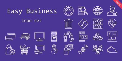 easy business icon set. line icon style. easy business related icons such as mail, searching, news report, wall clock, team, cart, trash, shelf, presentation, earth grid, bank