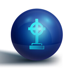 Obraz premium Blue Grave with cross icon isolated on white background. Blue circle button. Vector
