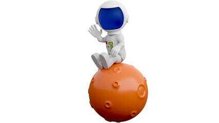 3D Cartoon Astronaut Sitting on The Planet and Waving Hand. An astronaut is a person trained, equipped, and deployed by a human spaceflight program to serve as a commander or crew member aboard a spac