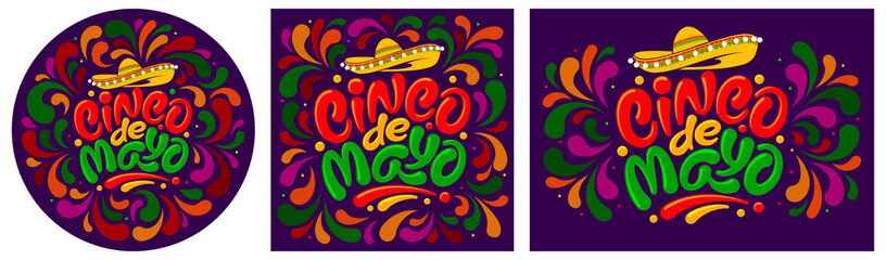 Set of Cinco de Mayo cards or stickers templates for mexico independence celebration with lettering calligraphy Cinco de Mayo. Decorated with sombrero and colorful ornament. Vector illustration. 