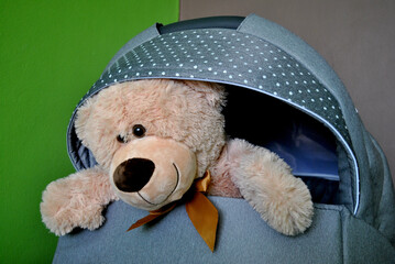 Zdjęcie przedstawiające maskotkę pluszowego misia w dziecięcym wózku 