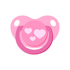 Pacifier baby dummy vector icon isolated on white background. Signs of newborn soother baby nipple - pink with hearts for girl. Flat design cartoon style clip art illustration