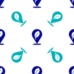 Blue Location with leaf icon isolated seamless pattern on white background. Eco energy concept. Alternative energy concept. Vector