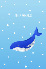 Postcard with a blue whale in the ocean. 