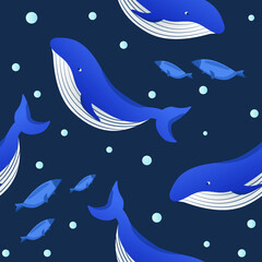 Seamless pattern with blue whales and fish underwater. 