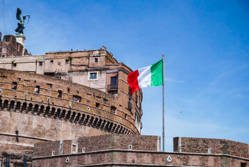 Italian flag at the Castel Sant'Angelo, Rome.