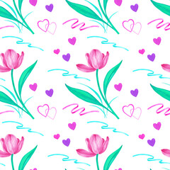 Watercolor seamless pattern with tulips and hearts for decoration, printing, packaging, wrapping, textile, fabric. Valentine's Day, Women's Day, Mother's Day, Birthday, Happy Spring