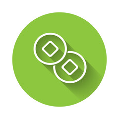 White Chinese Yuan currency symbol icon isolated with long shadow. Coin money. Banking currency sign. Cash symbol. Green circle button. Vector