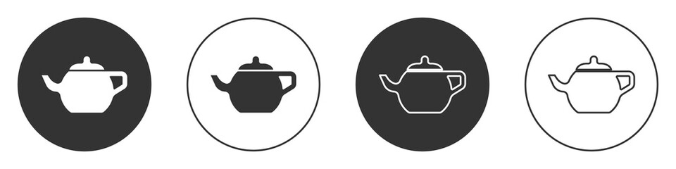 Black Traditional Chinese tea ceremony icon isolated on white background. Teapot with cup. Circle button. Vector