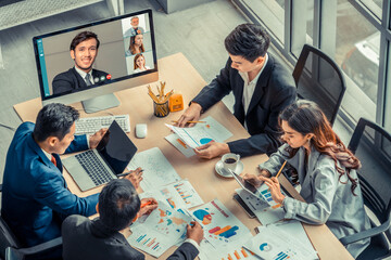 Video call group business people meeting on virtual workplace or remote office. Telework conference...