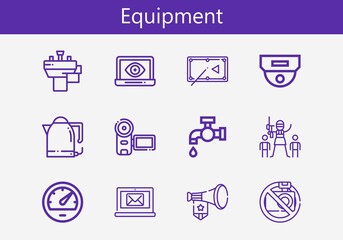 Premium set of equipment line icons. Simple equipment icon pack. Stroke vector illustration on a white background. Modern outline style icons collection of Laptop, Kettle, Tap, Megaphone, Pool table