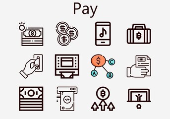 Premium set of pay [S] icons. Simple pay icon pack. Stroke vector illustration on a white background. Modern outline style icons collection of Money, Coin, Receipt, Online store, Dollar, Bitcoin