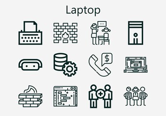 Premium set of laptop [S] icons. Simple laptop icon pack. Stroke vector illustration on a white background. Modern outline style icons collection of Sofa, Call, Laptop, Students, Server, Clean code