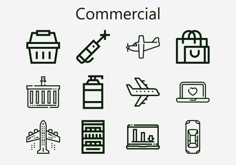 Premium set of commercial [S] icons. Simple commercial icon pack. Stroke vector illustration on a white background. Modern outline style icons collection of Laptop, Airplane, Car, Shelves, Shampoo
