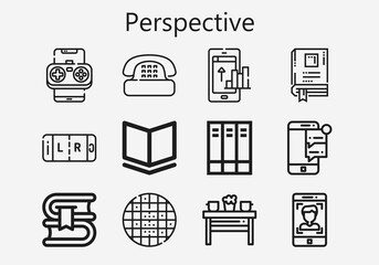 Premium set of perspective [S] icons. Simple perspective icon pack. Stroke vector illustration on a white background. Modern outline style icons collection of Table, Phone, Book, Grid, Books