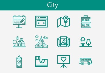 Premium set of city line icons. Simple city icon pack. Stroke vector illustration on a white background. Modern outline style icons collection of Bus, Panoramic view, Slider, Street map, Big ben