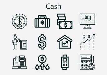Premium set of cash [S] icons. Simple cash icon pack. Stroke vector illustration on a white background. Modern outline style icons collection of Money, Payment, Dollar, Cash register, Bitcoin