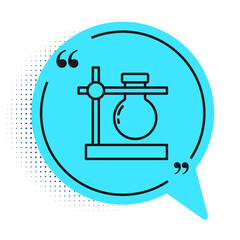 Black line Glass test tube flask on stand icon isolated on white background. Laboratory equipment. Blue speech bubble symbol. Vector