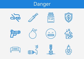 Premium set of danger line icons. Simple danger icon pack. Stroke vector illustration on a white background. Modern outline style icons collection of No smoking, Drugs