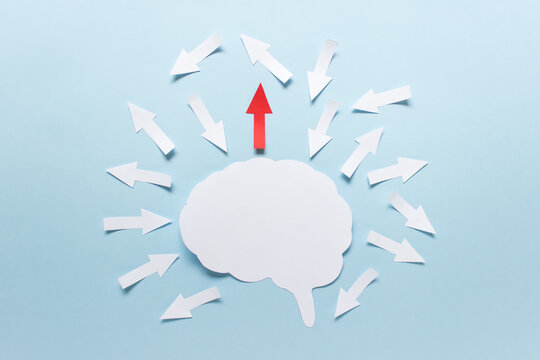 One main idea concept made with paper brain silhouette and many chotic arrows