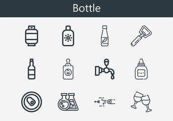 Premium set of bottle line icons. Simple bottle icon pack. Stroke vector illustration on a white background. Modern outline style icons collection of Beer tap, Can, Sun cream, Glue, Bottle opener