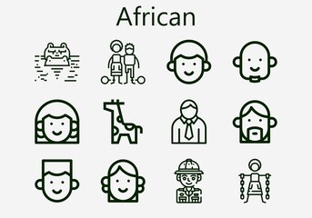Premium set of african [S] icons. Simple african icon pack. Stroke vector illustration on a white background. Modern outline style icons collection of Slavery, Safari, Hippopotamus, Avatar