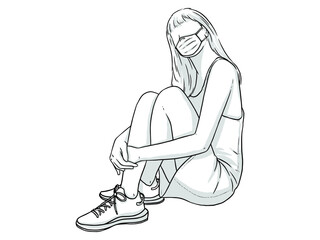 A woman with a frown hair on her knees. Wear a mask. New normal. Human character on white background. Hand drawn style vector design illustrations.