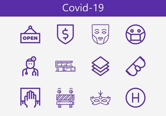 Fototapeta premium Premium set of covid-19 line icons. Simple covid-19 icon pack. Stroke vector illustration on a white background. Modern outline style icons collection of Goggles, Mask