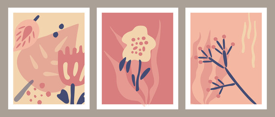 A fashionable set of abstract cards with leaves and flowers, creative doodles.Applicable for wallpaper, cover art.seals.invitations,wall art.