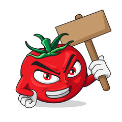 Angry tomato character holding wooden sign board illustration