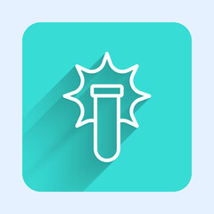 White line Chemical experiment, explosion in the flask icon isolated with long shadow. Chemical explosion in a test tube. Green square button. Vector
