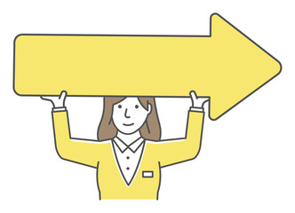 Young businesswoman holding arrow sign vector illustration.