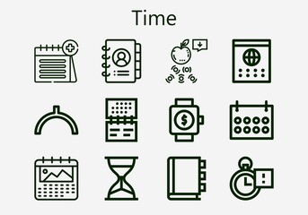 Premium set of time [S] icons. Simple time icon pack. Stroke vector illustration on a white background. Modern outline style icons collection of Noon, Calendar, Appointment book, Hourglass, Agenda