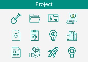 Premium set of project line icons. Simple project icon pack. Stroke vector illustration on a white background. Modern outline style icons collection of Shovel, Rocket launch, Idea