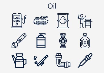 Premium set of oil [S] icons. Simple oil icon pack. Stroke vector illustration on a white background. Modern outline style icons collection of Oil, Gas, Shampoo, Pipe, Gas station, Tank