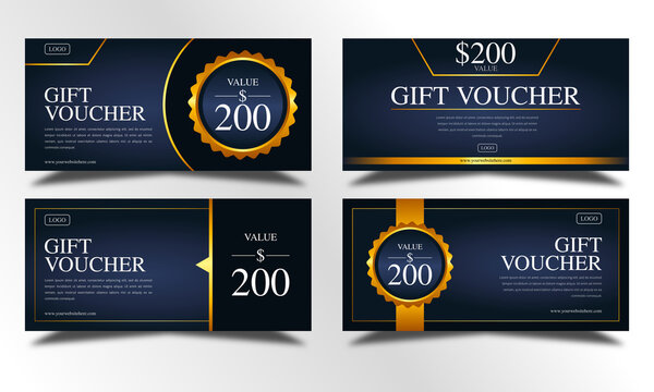 set of dark blue and gold luxury gift voucher templates, coupon designs, certificates, ticket templates, ready to edit and use.