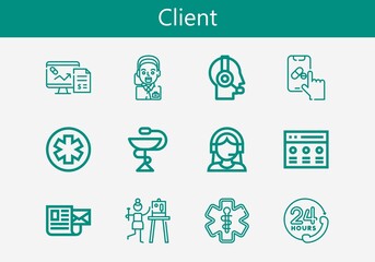 Premium set of client line icons. Simple client icon pack. Stroke vector illustration on a white background. Modern outline style icons collection of Operator, Mail, Pharmacy