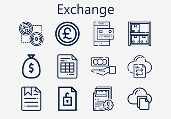Premium set of exchange [S] icons. Simple exchange icon pack. Stroke vector illustration on a white background. Modern outline style icons collection of Money, File transfer, Bitcoin, Pound