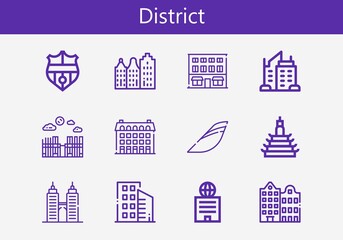 Obraz premium Premium set of district line icons. Simple district icon pack. Stroke vector illustration on a white background. Modern outline style icons collection of Building, Nantes, Skyscraper, Merida