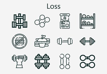 Premium set of loss [S] icons. Simple loss icon pack. Stroke vector illustration on a white background. Modern outline style icons collection of Claw machine, Diet, Dumbbell, Junk food