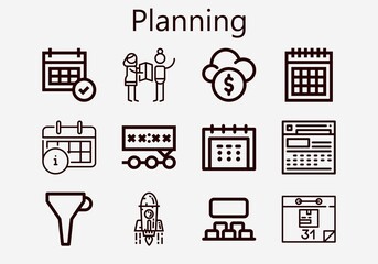 Premium set of planning [S] icons. Simple planning icon pack. Stroke vector illustration on a white background. Modern outline style icons collection of Funnel, Calendar, Deadline, Projection