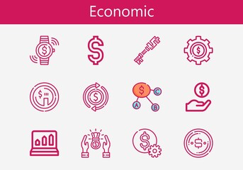 Premium set of economic line icons. Simple economic icon pack. Stroke vector illustration on a white background. Modern outline style icons collection of Dollar, Profits, Profit, Investment