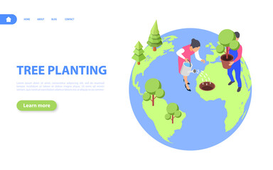 Planting trees concept banner. People are planting trees on the planet. Improving the environment and ecology.