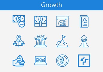 Fototapeta na wymiar Premium set of growth line icons. Simple growth icon pack. Stroke vector illustration on a white background. Modern outline style icons collection of Money, Book recycled, Growth, Stairs, Leaf