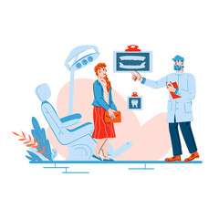 Dentist doctor prescribes a treatment plan for the patient, cartoon vector illustration. Design for dentistry with cartoon characters. Dental clinic scene.