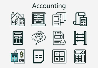 Premium set of accounting [S] icons. Simple accounting icon pack. Stroke vector illustration on a white background. Modern outline style icons collection of Invoice, Retrocognition, Calculator