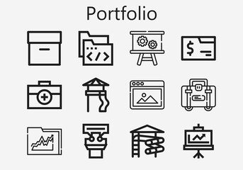 Premium set of portfolio [S] icons. Simple portfolio icon pack. Stroke vector illustration on a white background. Modern outline style icons collection of Archive, Slider, Briefcase, Slide