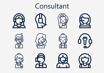 Premium set of consultant [S] icons. Simple consultant icon pack. Stroke vector illustration on a white background. Modern outline style icons collection of Operator, Call center, Customer support